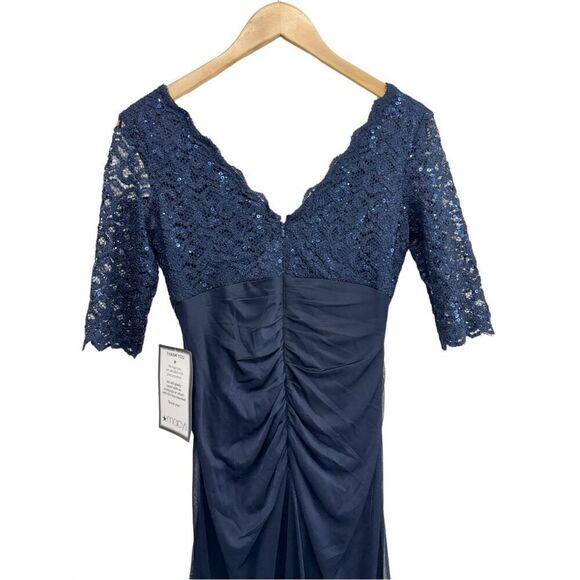 Betsy & Adam Dress Size 4 Blue Maxi Gown Sequined V Neck Short Sleeve NEW - Picture 3 of 8